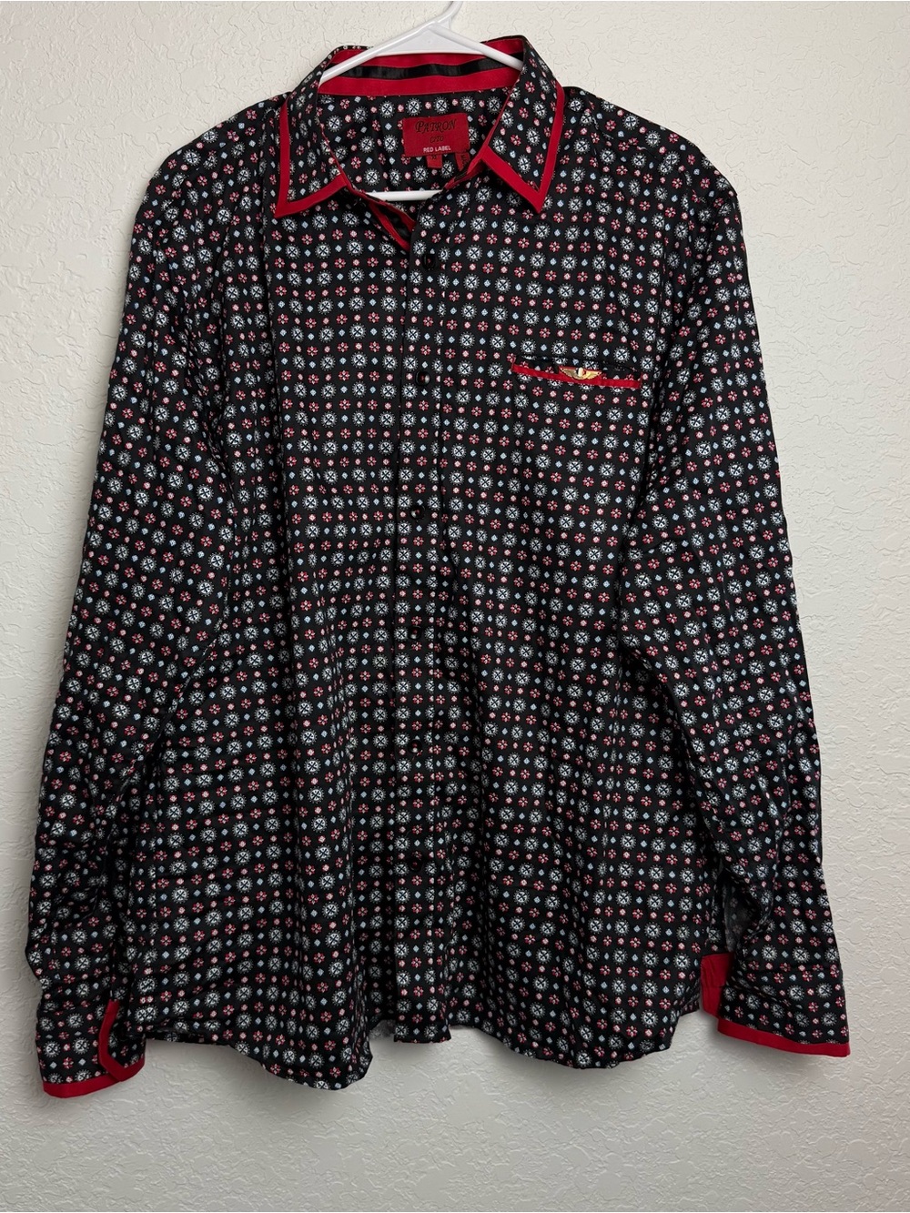 Patron Cito Red Label XL Geometric Print Button Up Shirt Black Red Long Sleeve